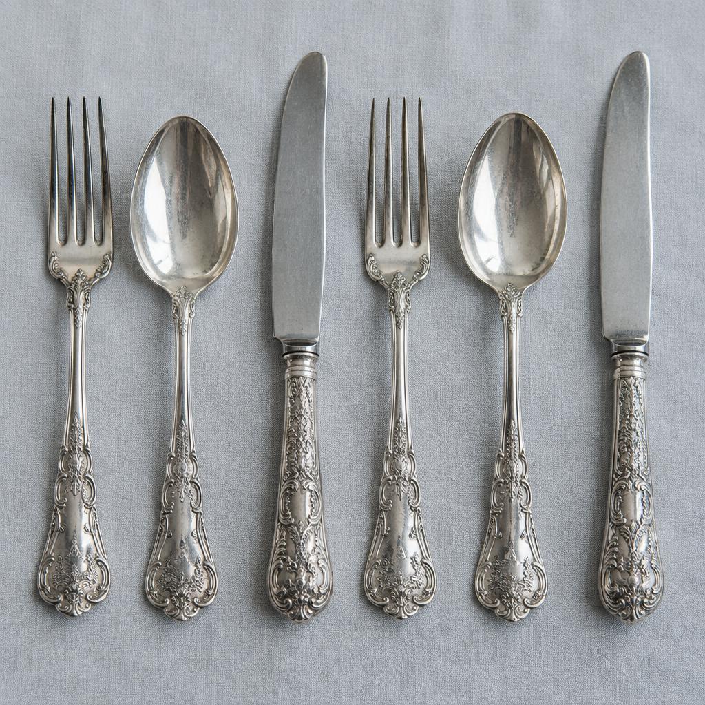 Cubiertos antiguos de plata con mangos ornamentados