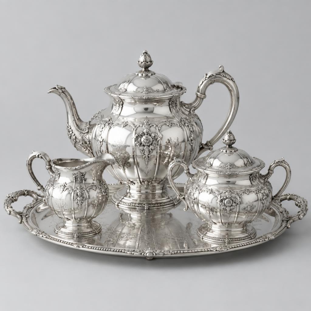 Juego de té de plata con tetera, azucarera y bandeja