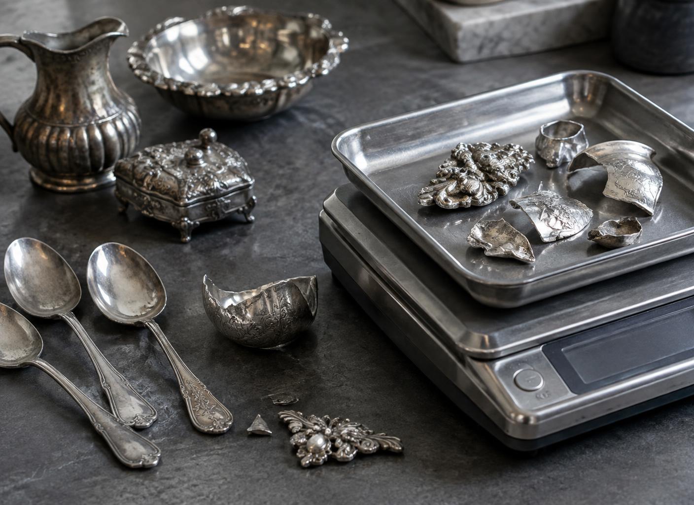 Plata con roturas y faltantes sobre una balanza de tasación