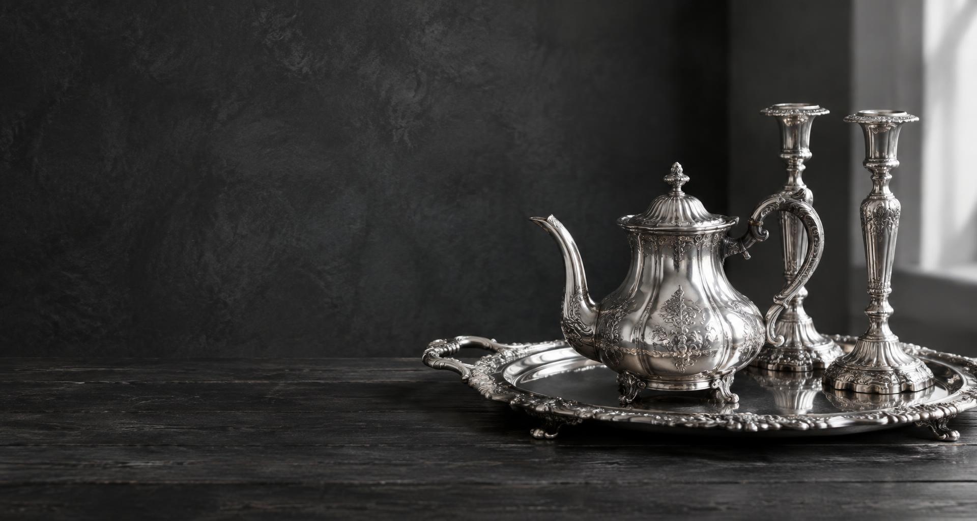 Tetera, bandeja y candelabros antiguos de plata
